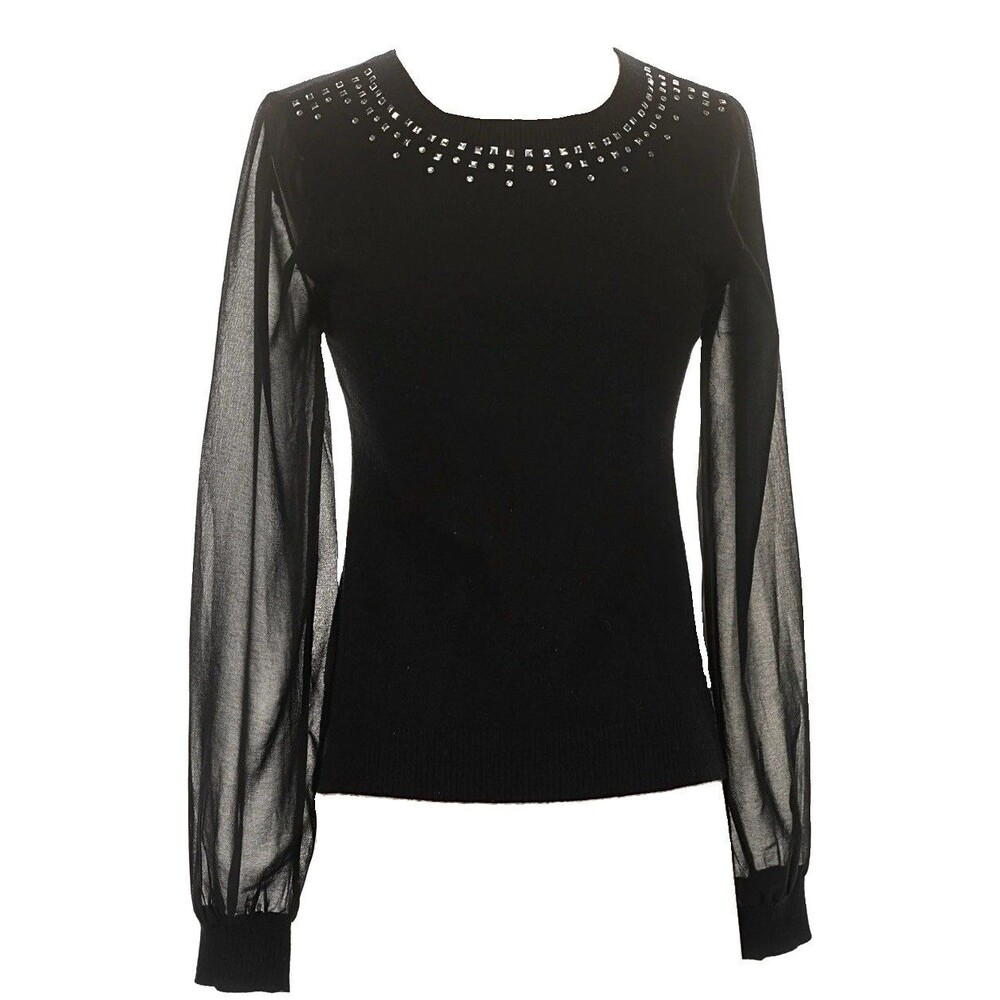 Halston Black Knit Embellished Collar Classic Soft Sweater Sheer Sleeves XS